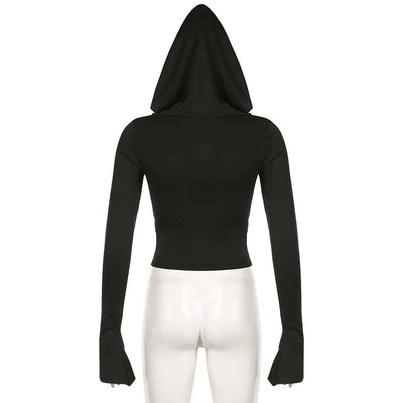 Basic Slim Fit Hooded Crop Top Elastic Long Sleeve Women Black Casual T-shirt Casual Swinging Collar Hoodies Pullover