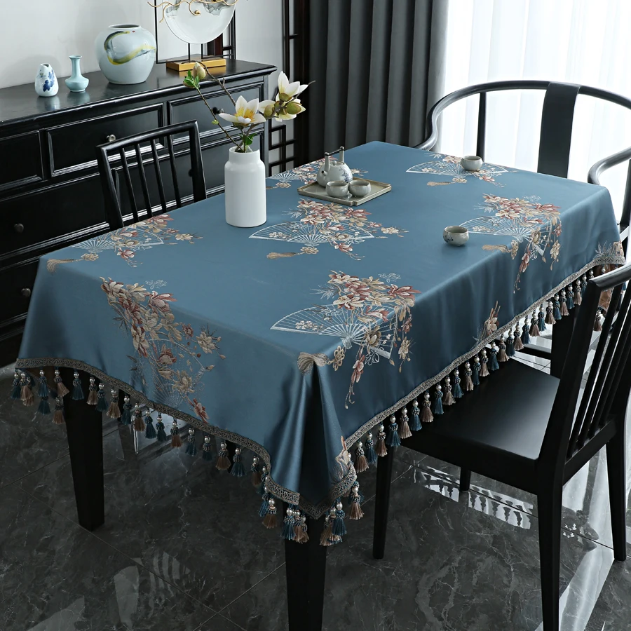 

Chinese Luxury Table Cloth Rectangular Dining Table Cover with Tassels 3D Jacquard Party Blue Square Coffee Tablecloths Soft