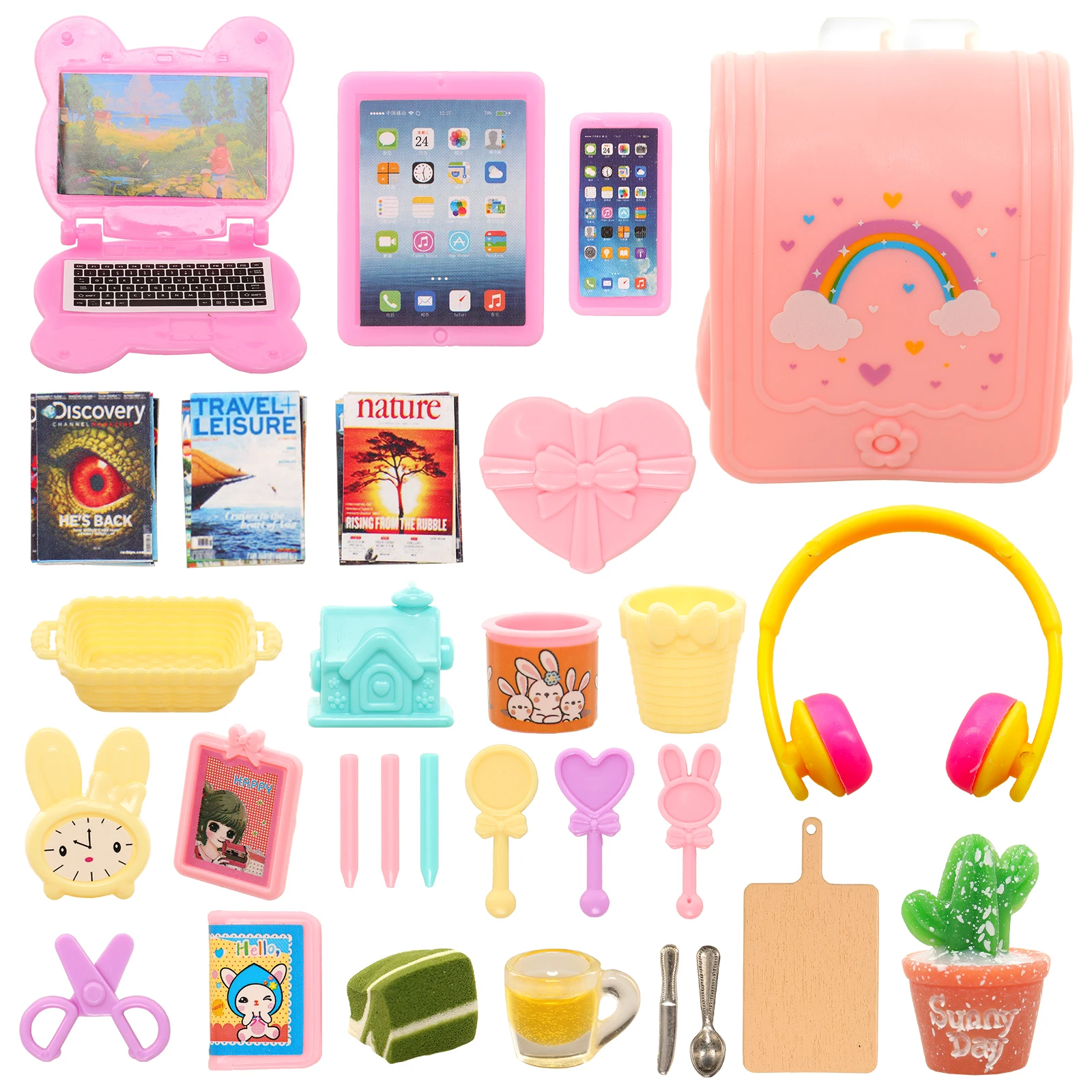 

Barwa Study Life Set 29 Pieces=1 Backpack+15 Accessories+3 Computers+5 Cakes+3 Books+1 Plant+1 Earphone For 11.5 Inch Dollhouse