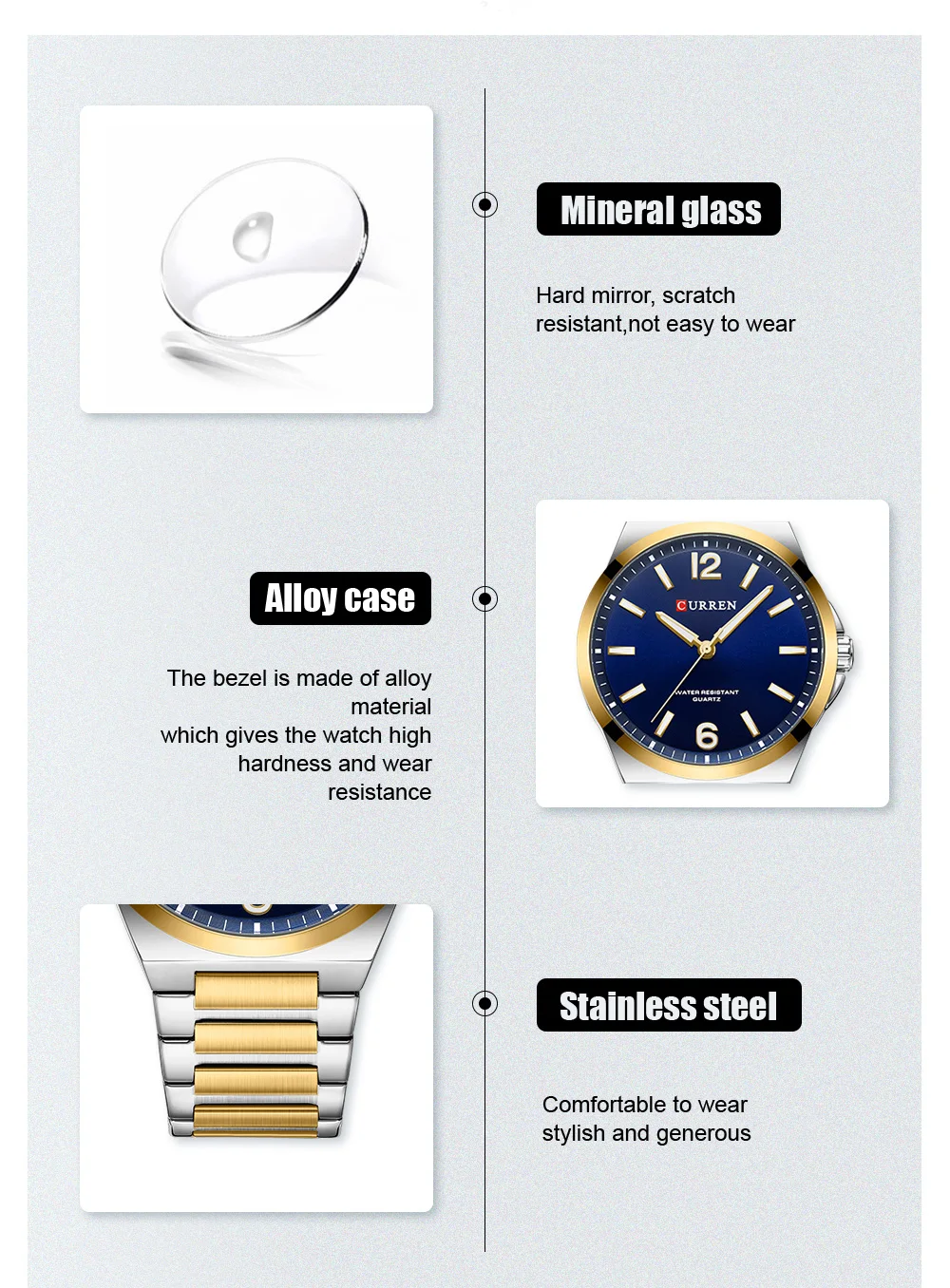 CURREN Minimalist Business Watch for Men Classic Quartz Black Wristwatch with Stainless Steel Band Luminous Hands Waterproof