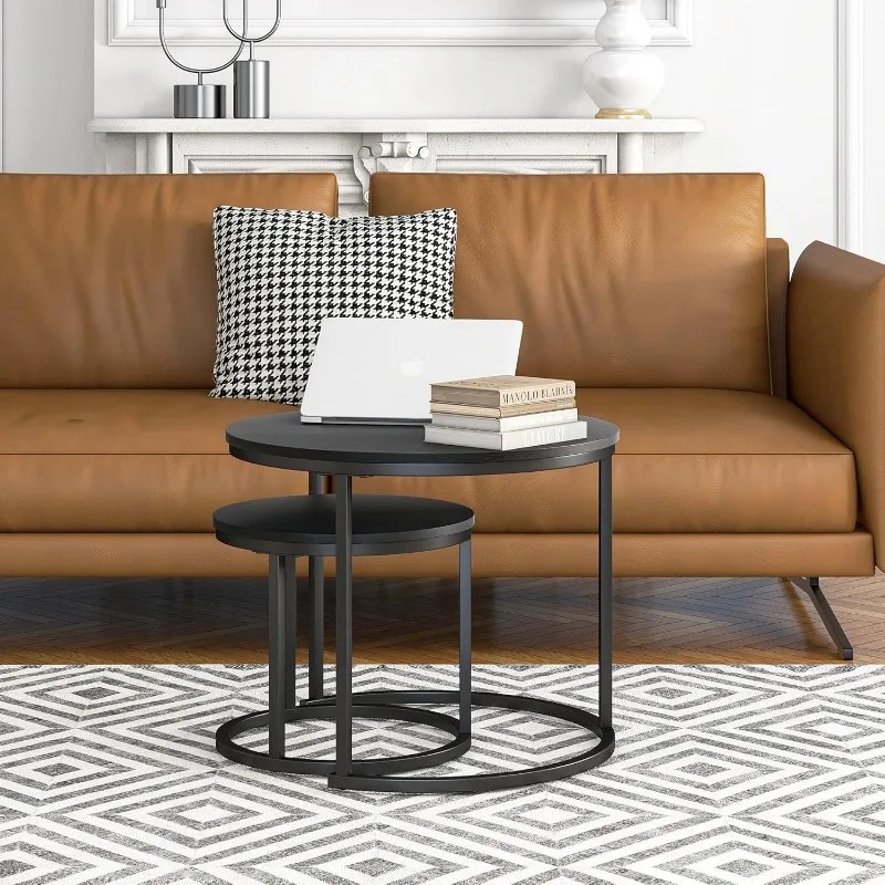 Small Coffee Table Set of 2,Round Coffee Table End Tables for Living Room,Modern Black Coffee Table Nesting Tables,Farmhouse 4