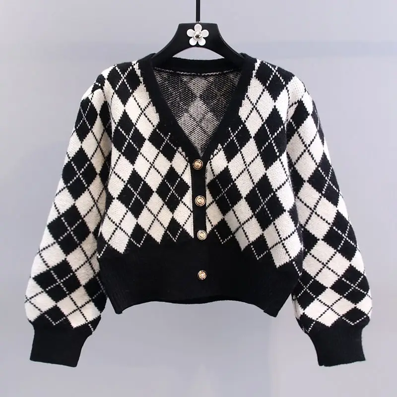 

2023 Spring Autumn Women Clothes New V-neck Knitted Cardigan Female Thicken Sweater Coats Ladies Short Plaid Overcoats T458