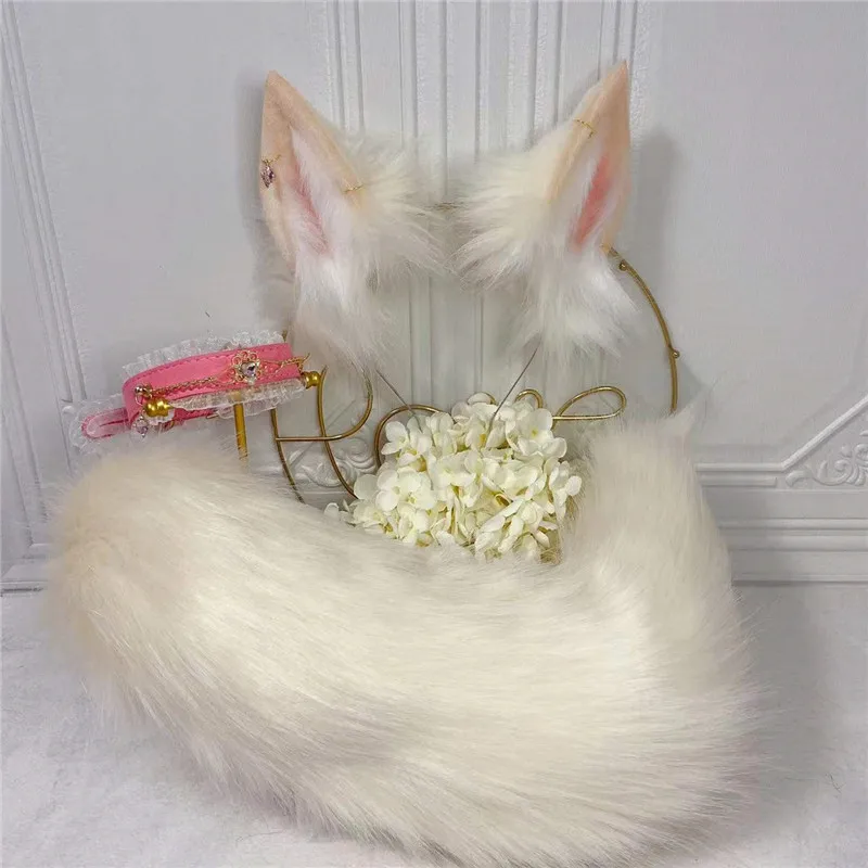 

New Hand Made The Nine-Tailed Fox Ears Hairhoop Tail Necklace Earrings Hairbands Headwear for LOL Ahri Cosplay Costume Accessor