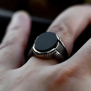Vintage Punk 316L Stainless Steel Black Stone Ring Gothic Fashion Turkish Style Rings For Men Women Charm Party Jewelry Gifts