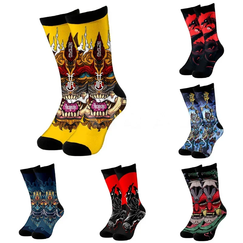 Samurai Mask Tattoo Ninja Warrior 3D Print Long Cotton Socks Cycling Novelty High Men Women Funny Colorful No Washing Not smelly