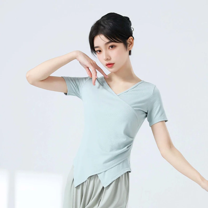 여성용 브이넥 댄스 탑, 성인용 모던 댄스 탑, 반팔, 데일리 트레이닝 의상