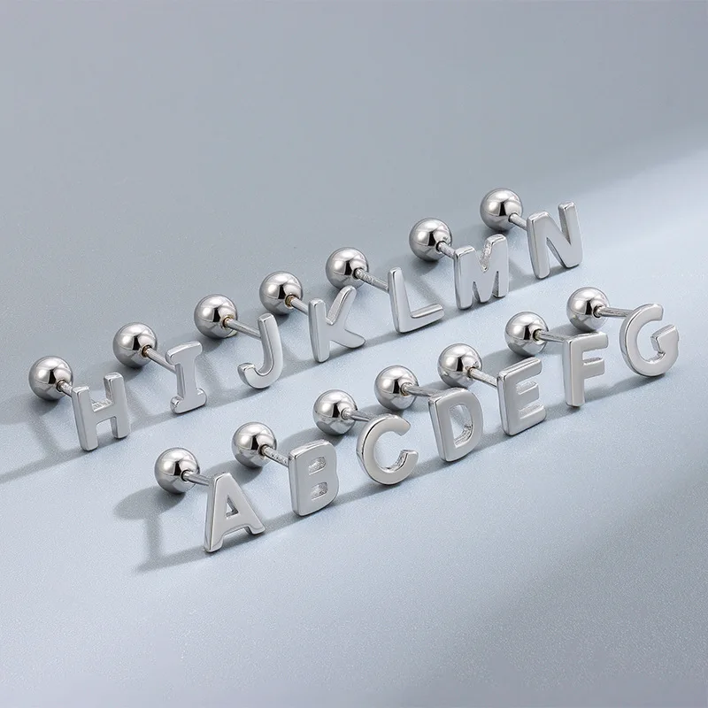 

3UMeter 925 Silver Glossy Custom Initial 26 Letters Screw Pin Stud Earrings