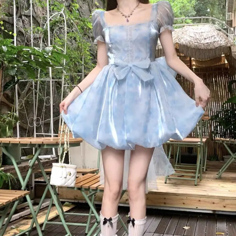 

Spring Summer Elegant Fashion Harajuku Slim Fit Female Clothes Loose Casual All Match Princess Dress Solid Short Sleeve Dresses