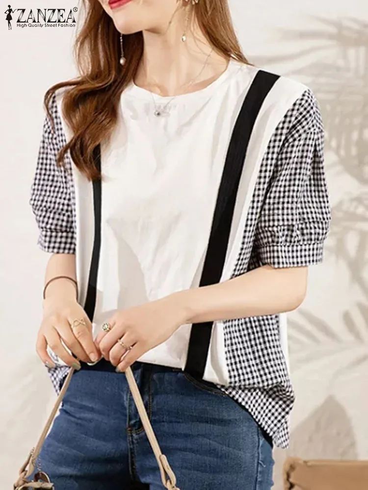 

Летняя Клетчатая рубашка с коротким рукавом BlusasZANZEA, Женская винтажная клетчатая блузка, винтажные свободные топы в стиле пэчворк, Женский Повседневный праздничный Топ