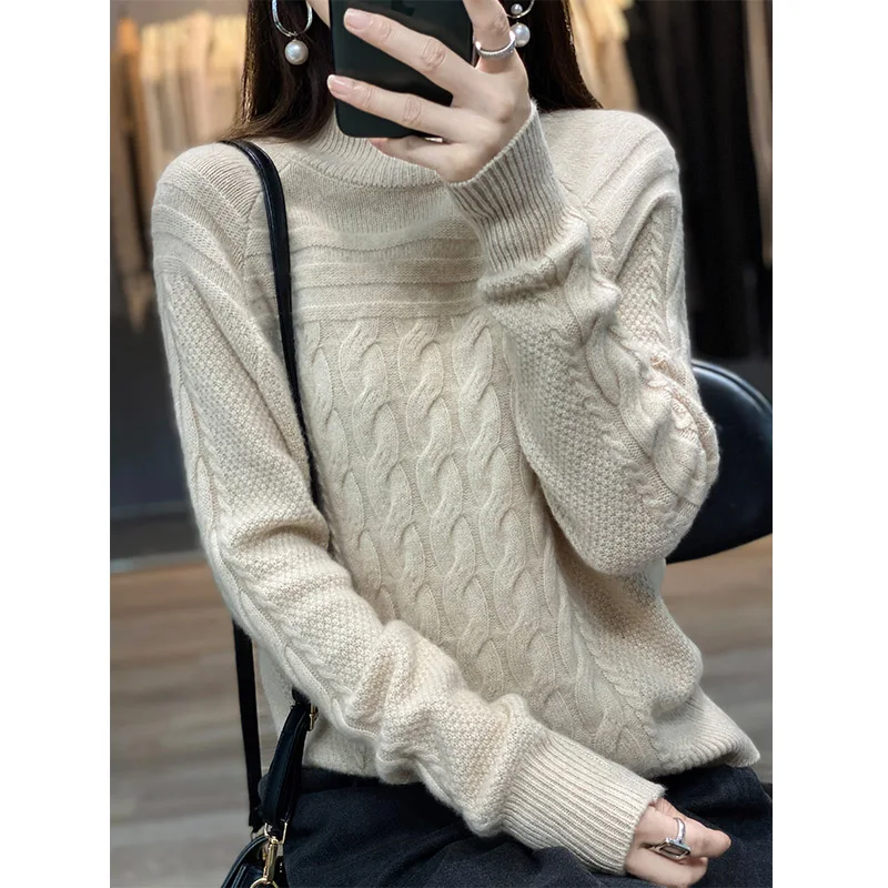 

100% Pure Wool Ladies Pullover Casual Knit Solid Color Top Autumn Winter Thickened Women's Loose Turtleneck Cashmere Sweater