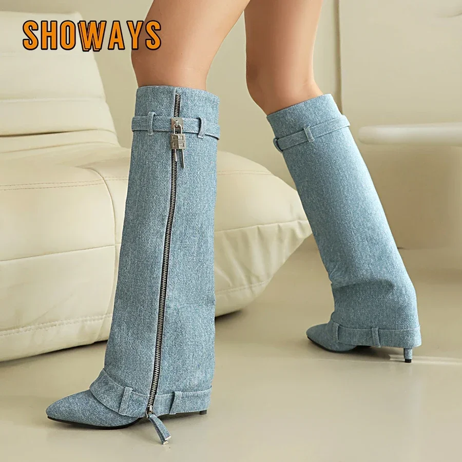 Women's Knee High Fold Boots Blue Black Denim Pointed Toe High Thin Heels Party Club Ladies Winter Zipper Long Jeans Pants Boots - AliExpress
