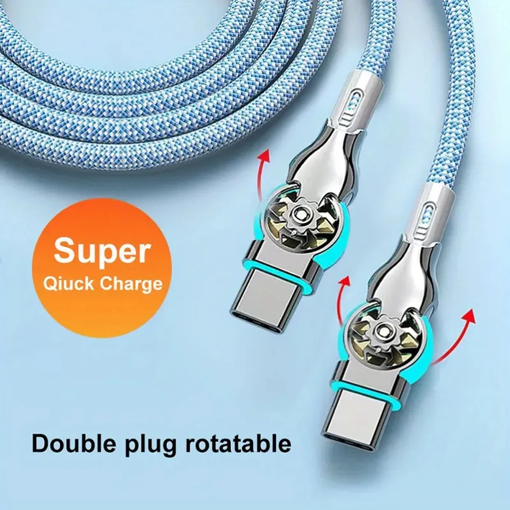 180 Rotatable Fast Charge Cable USB A to Type C Zinc Alloy Braided Cord 3A Data Transfer LED Light for Car Charger Use