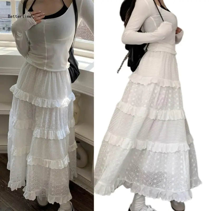 

B36D Women Spring A Line Beach Swing White Long Skirt Aesthetic Fairycore Elastic High Waist Tiered Ruffle Lace Trim Skirts