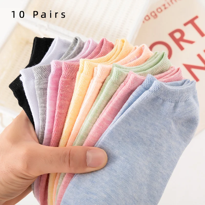 Chaussettes courtes en coton coloré pour femmes, chaussettes de sport en maille respirante, chaussettes décontractées d'été, chaussettes de bateau solides pour documents, 10/5 paires