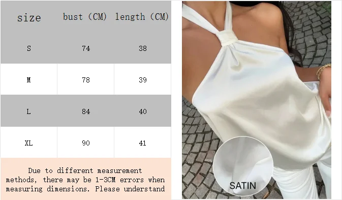 Ärmelloses Damen-Sommer-Camisole-Top aus weißem Satin mit normalem Saum und einfarbigem Design, schulterfreies Oberteil – Detail 1