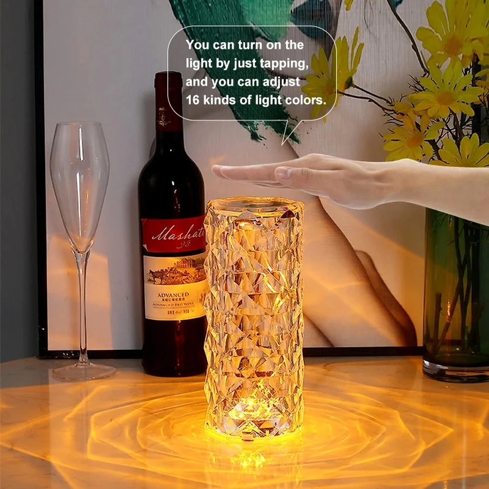 LED Crystal Table Lamp Rose Light Projector 3/16 Colors Touch Adjustable Romantic Diamond Atmosphere Light USB Touch Night