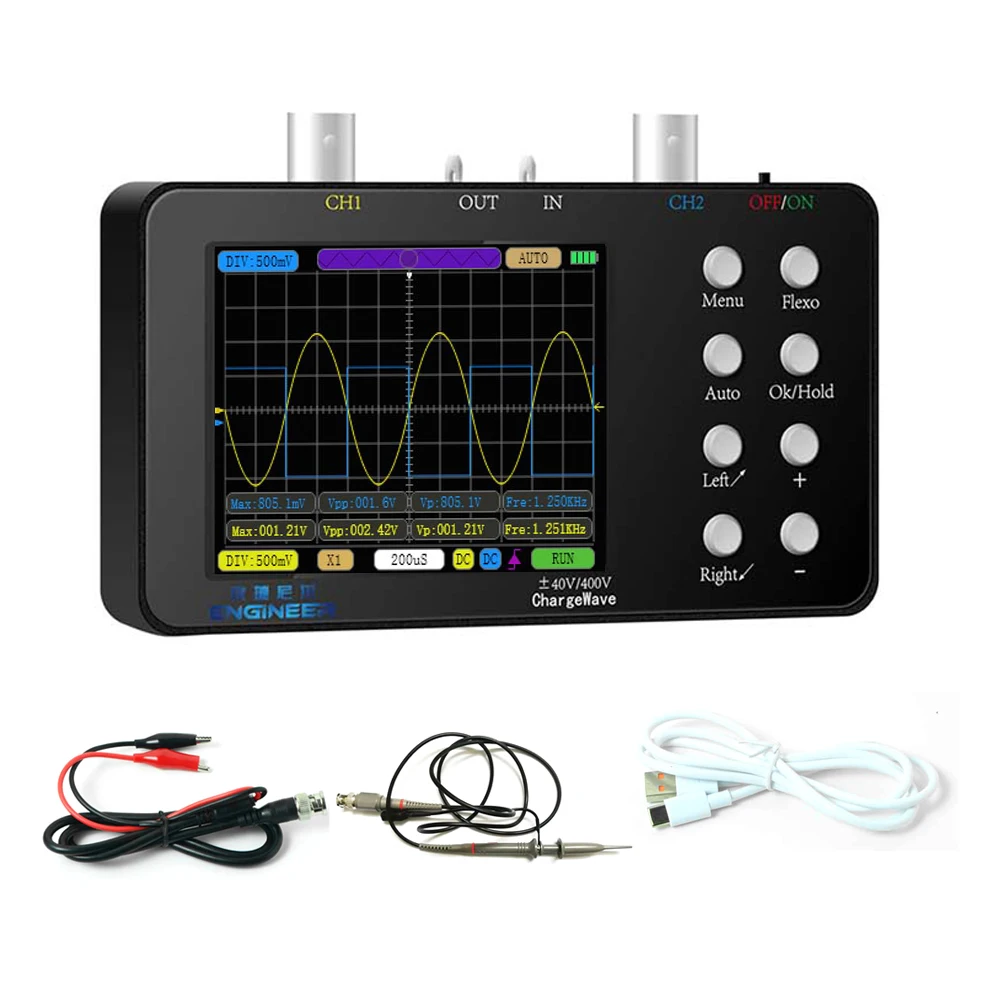 

Digital Oscilloscope 50M Sampling Rate 10M Analogue Bandwidth Handheld Oscilloscope 6A Current Waveform Measurement Dual-channel