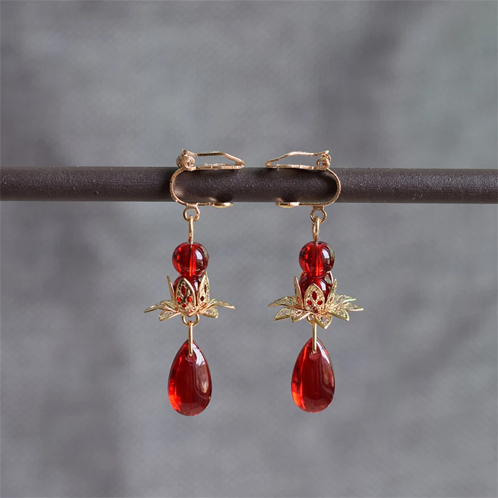 1 pair Lotus Red Pendant Earrings Chinese Style Retro Wedding Bridal Hanfu Cheongsam Ear Clips Jewelry Women Girl Gift Jewellery