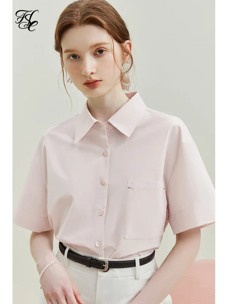 FSLE Pure Cotton Casual Light Pink Short-sleeved Shirt for Women Summer New French Style Loose Truncated Shirt Top Female