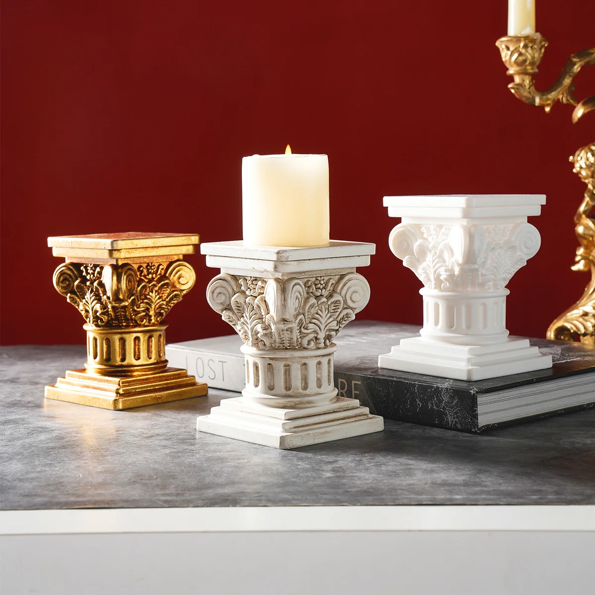 1PC, a European retro Roman column-shaped decorative candlestick, a warm and cozy decorative item in the center of the desktop