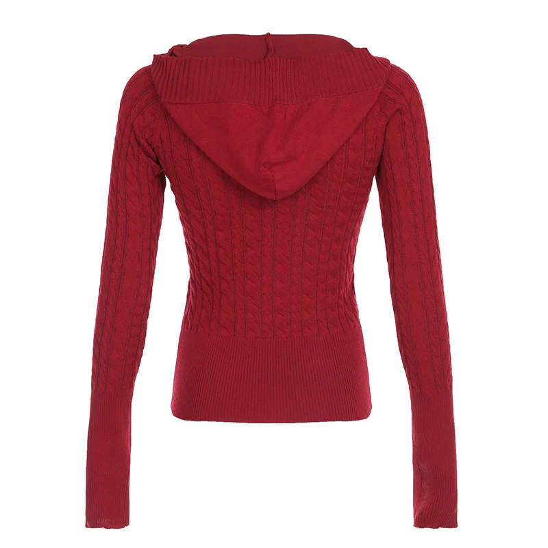 Solid Twist Knit Fitted Sweater Top V Neck with Hooded Women Long Sleeve Pullovers Knitwear Casual Basic Y2K Outfits