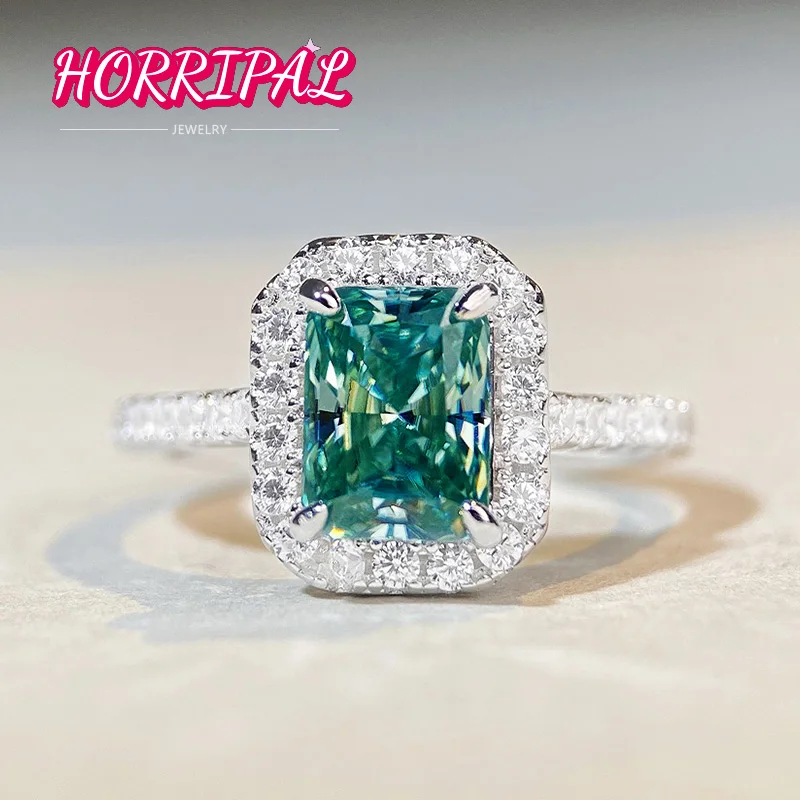 Horripal 2Ct Radiant Sky Blue Green Moissanite Ring S925 Sterling Silver Fede Nuziale Di Lusso Per Le Donne Gra Certified Pass Tester