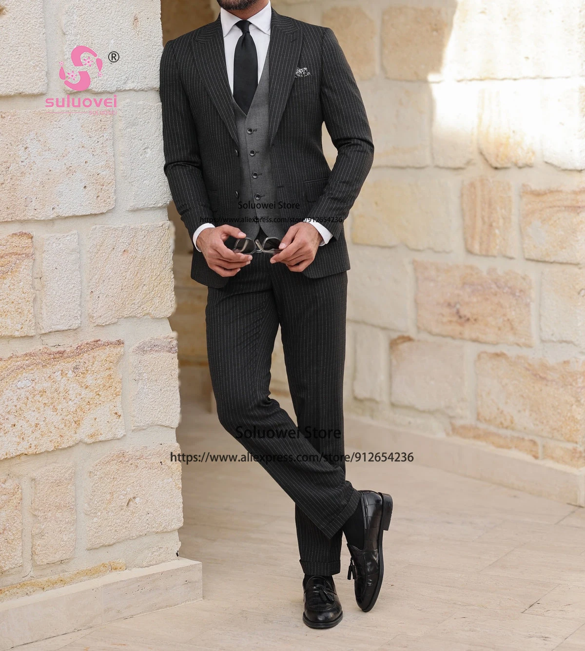 Classic Pinstripe Suits For Men Slim Fit Business 3 Piece Pants Set Party Groomsmen Wedding Peaked Lapel Tuxedo Blazer Masculino