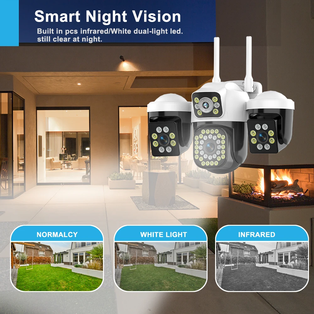 WiFi IP 카메라 야외용 15MP 8K 트리플 렌즈 트리플 스크린 보안 카메라 나이트 비전 인간 감지 보안 카메라 Onvif
