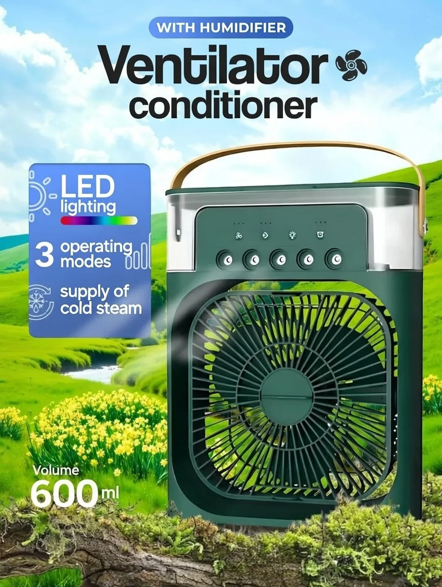 다기능 미스트 냉각팬 600ml 가습기 5홀 스프레이 3단 풍속 7색 LED USB 충전식 저소음 휴대용