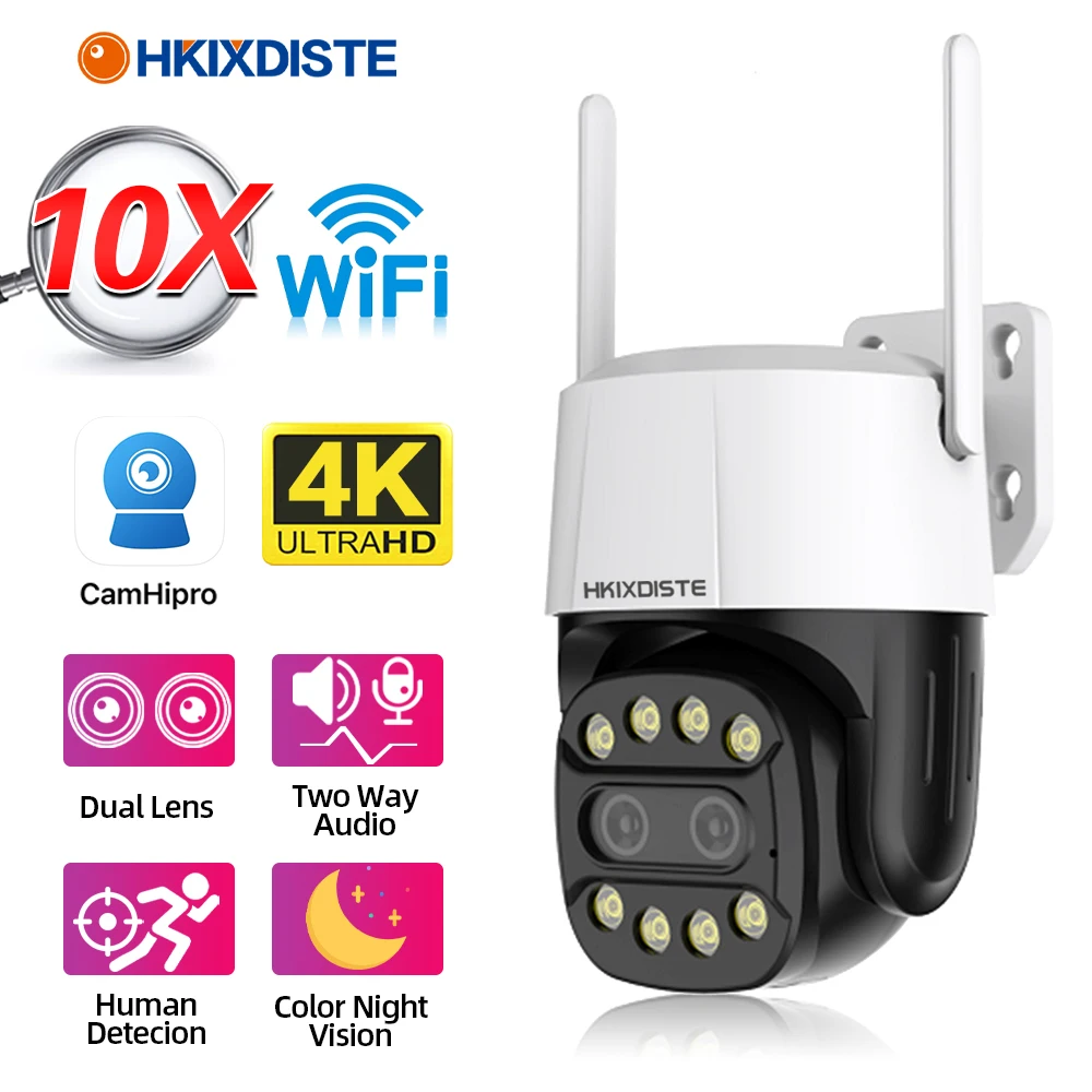 Hd 8Mp 4Mp Dual Lens Color Night Wifi Camera Ptz 10X Zoom 4K Ai Humanoid Auto Tracking Zoom Outdoor Audio Camhi Security Camera