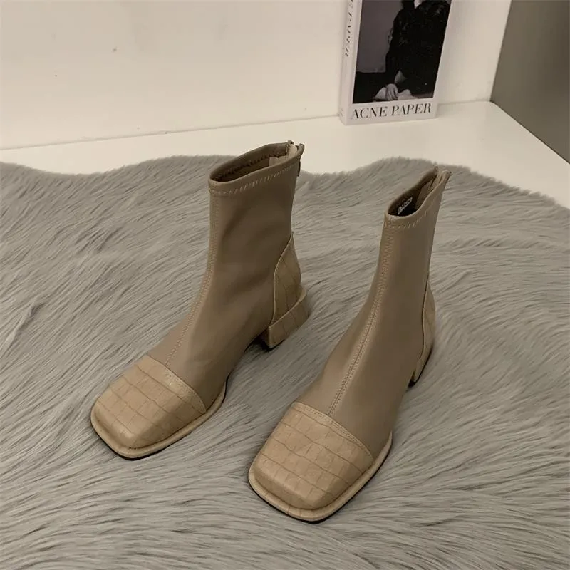 

British Style Fashionable Women's Short Boots Spring New Versatile Women's Single Boots Back Zipper Low Heel Women's Shoes