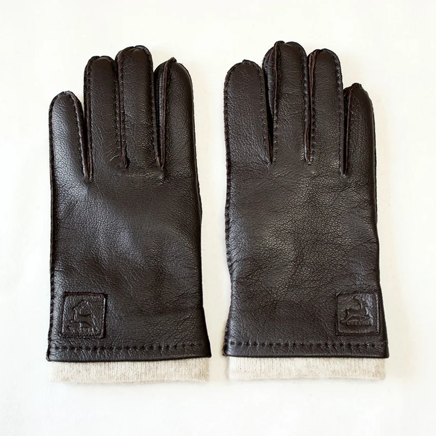 Deer Skin Gloves Men's Touch Screen Dark Brown Genuine Leather Retro Style Autumn and Winter Warm Motorcycle Riding Gloves