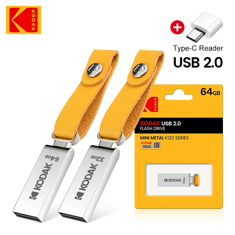 Kodak-metal Flash Drive Usb 2.0 Pendrive 64gb Memória de Disco Mini u Adaptador tipo c Alta Velocidade pc Carros Landyard Novo 10 Peças - Imagem 2