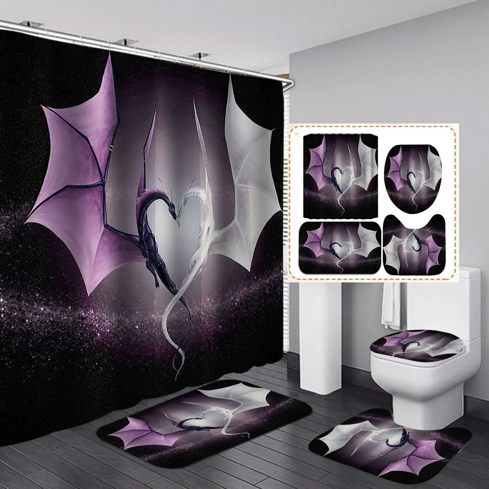 

Flying Dragon Printed Waterproof Shower Curtain Set Toilet Cover Mat Non-slip Bath Rugs Bathroom
