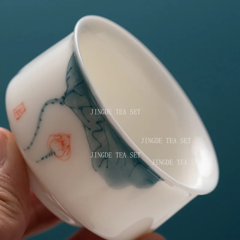 1pcs Hand Drawn Small Tea Cup Made of Sheep Fat Jade Household High-end Tea Cup Ceramic Drinking Utensils Tea Set Accessories