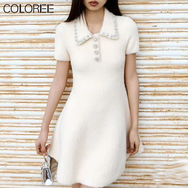 

Runway Designer Dress Women High Quality Elegant Short Sleeve White Knitted Sweater Dresses 2024 Korean Fashion Vestido Feminino