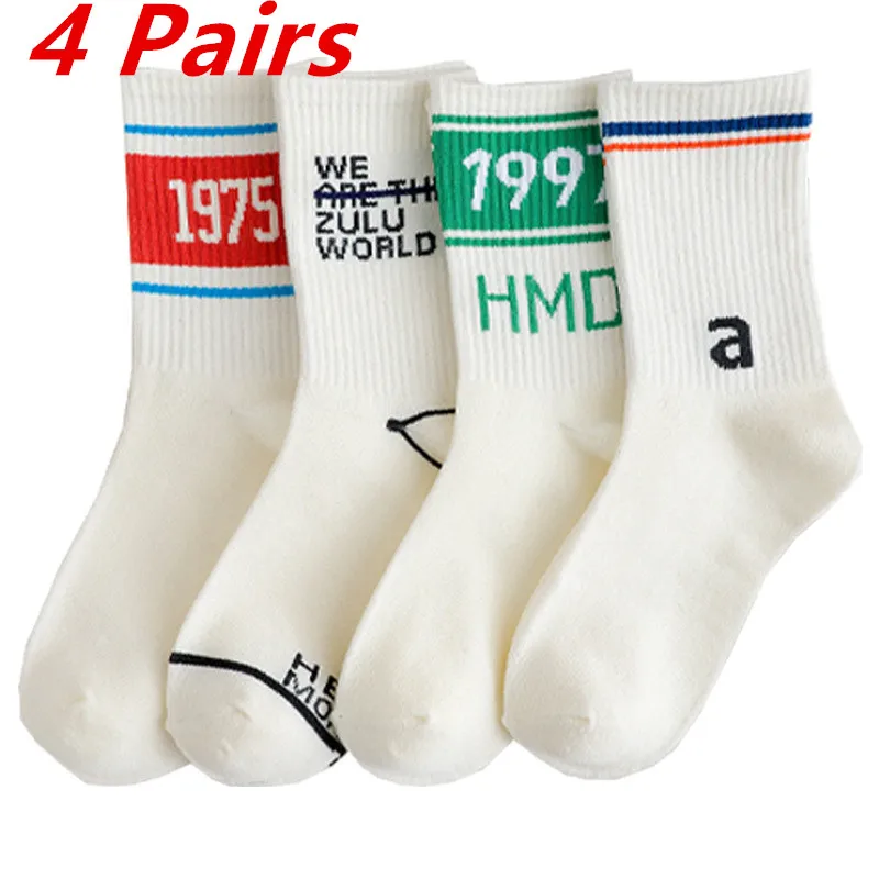 

4 Pairs Lot Women Men Socks Japanese Korea Letter No.1997 Hip Hop Style Breathable Mid Tube Socks Soft Long Sock For Women Men