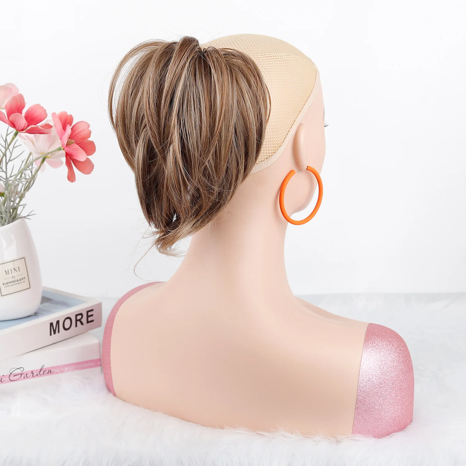 합성 메시 헤어 번 스크런치 업두 익스텐션 구리색 짧은 스트레이트 탄성 치뇽 헤어피스 여성용 데일리 웨어