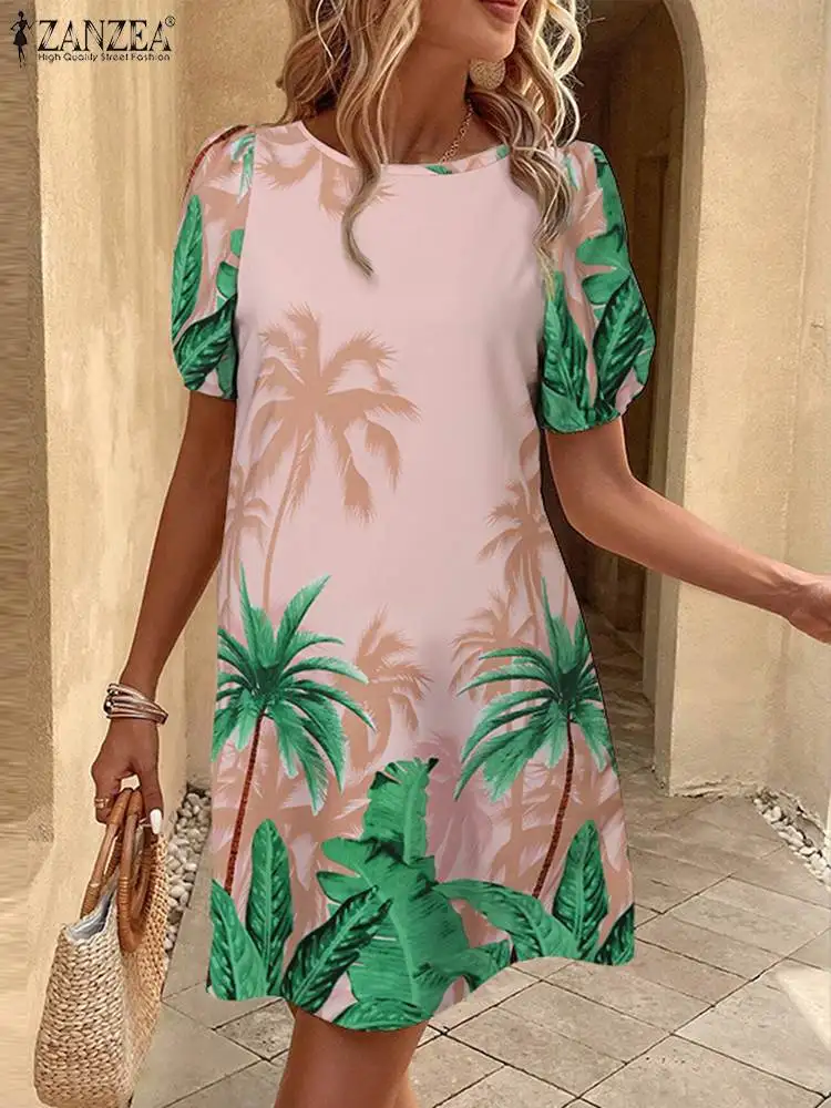 ZANZEA Women's Dresses Vintage Holiday Floral Short Sleeve O-Neck Casual Cotton Linen Loose Midi Dress #7 | Singapore - Foto 12