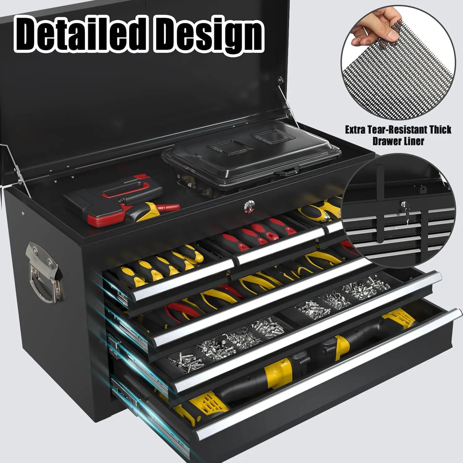 Drawer Rolling Tool Storage Cabinet with 2 in 1 Detachable Top Tool Box, Liner, Lockable Wheels, Side Hooks, Locking Mechanism, 6