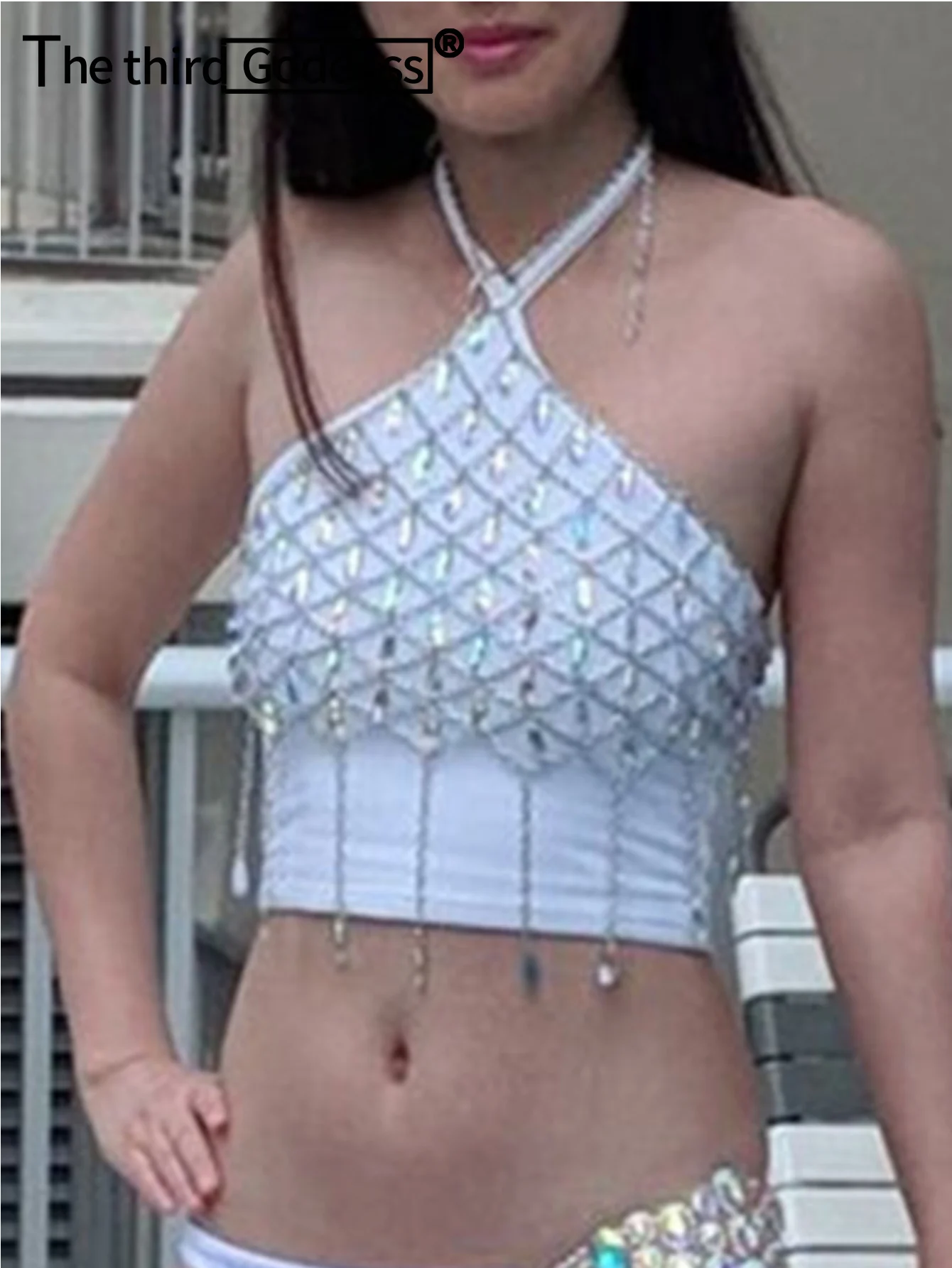 

Сексуальный полупрозрачный Женский корсет с лямкой на шее, коллекция Лето 2023, блестящий пляжный женский топ с блестящими стразами, майка-Топ HL