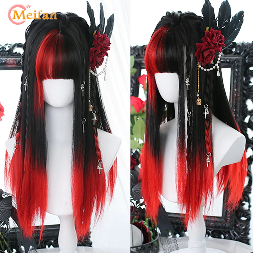 

MEIFAN синтетический длинный прямой парик Лолиты с черной Красной челкой парик милая блондинка черный коричневый косплей женский парик Хэллоуин Харадзюку