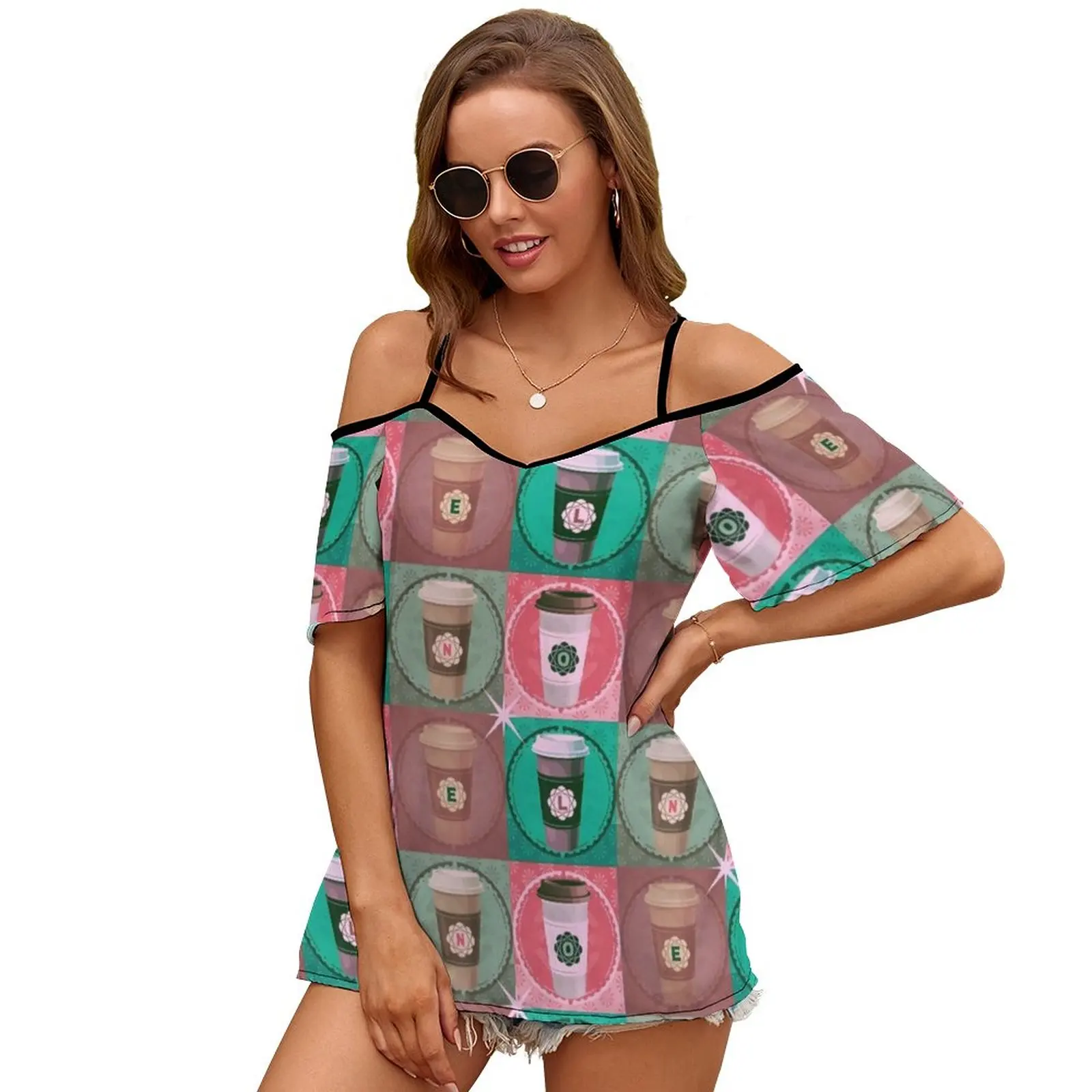 Java Noel Women Short Sleeve Tops O-Neck Hollow Out Shoulder Strap Tees Streetwear Java Coffee Caribou Pink Green Red Brown