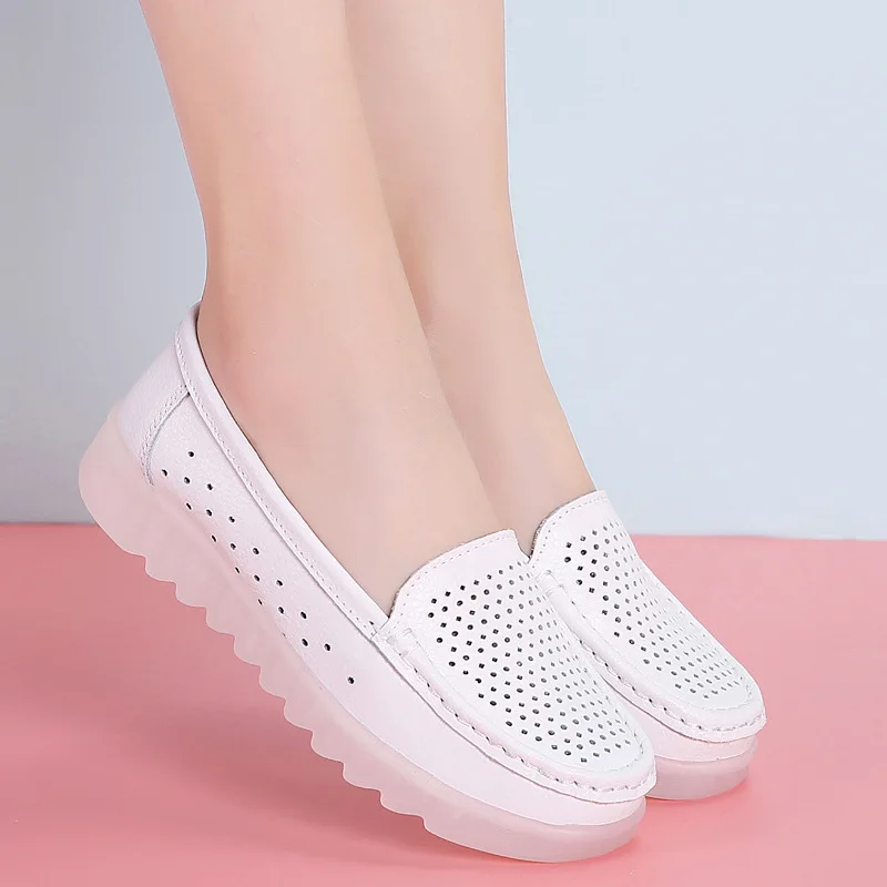 2024 Casual Concise White Breathable Genuine Leather Flats Platform Lady Loafers Shoes For Women Chaussure Femme Zapatos Mujer