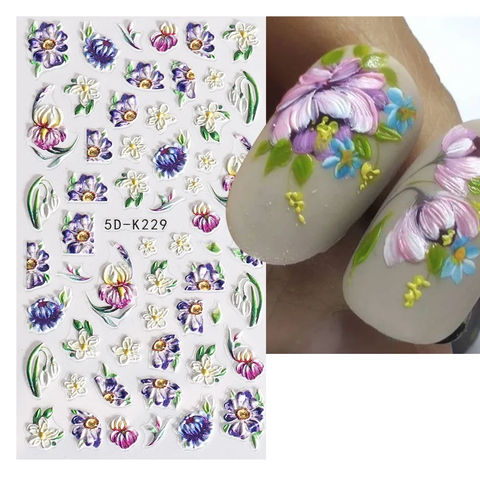 Nail Stickers Nail Art Decoration Nail Decals Flower Stickers 5D Embossed Violet Iris Flower Nail Sticker Purple Floral Sliders Sunflower Daisy Design For Nail Art Manicure Decoration SA5D-K