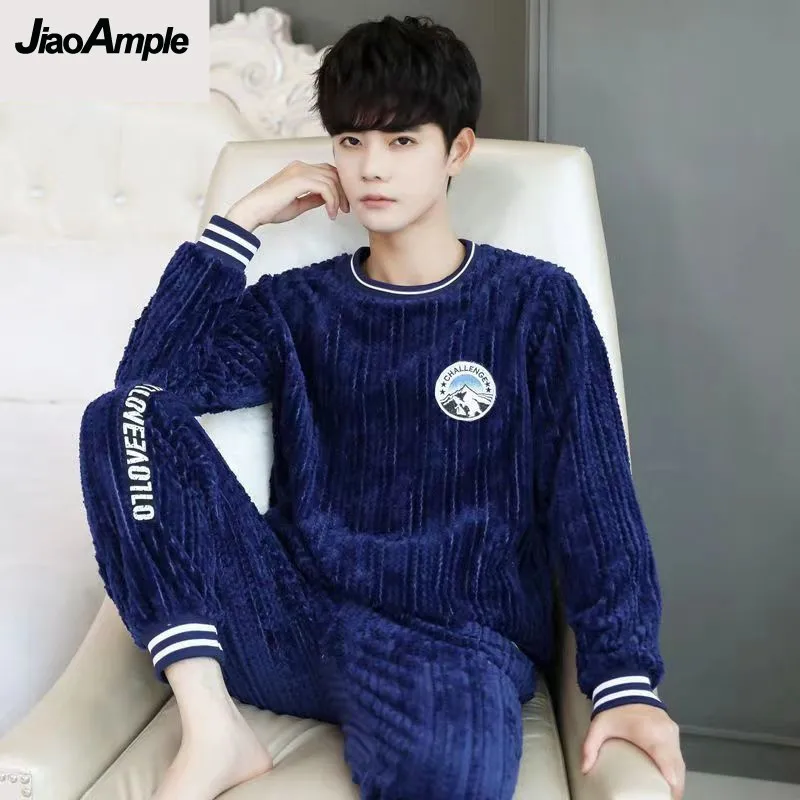Pajamas Men's Winter Long Sleeve Trousers Warm Pijama Sleepwear Set 2022 New Loose Plush Thickened Flannel Pyjamas Homewear