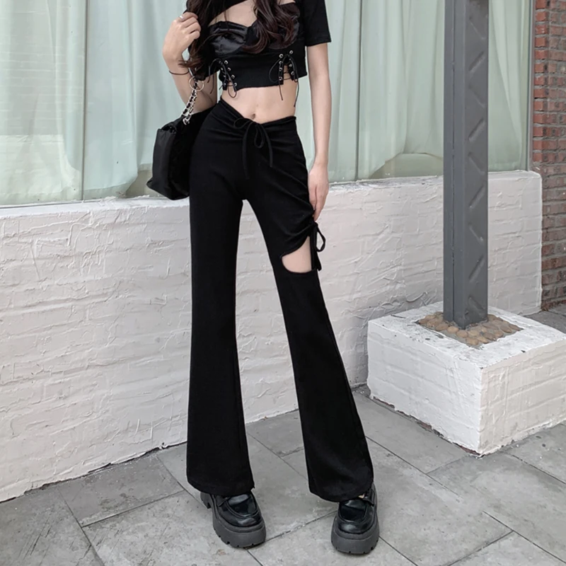 

Lady Hollow Out Shirring Long Empire Trouser Solid Black Women Long Flare Pants 2022 Spring Korean Drawstring Sexy Pleated Pant