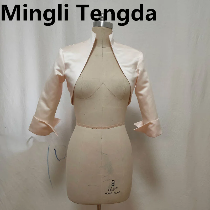 Mingli Tengda Stain Bride Bolero Shrugs For Women Stand-up Collar Stola Wedding Jacket 3/4 Sleeves Cape Bridal Polly Custom Made wedding shawl