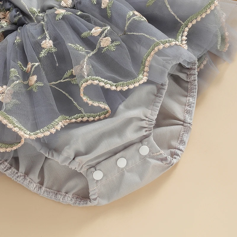 Pudcoco Baby Baby Stram pler Kleid Fliegen ärmel Vierkant Blumen stickerei Tüll Overall mit Schleife Stirnband 0-24m – Detail 5
