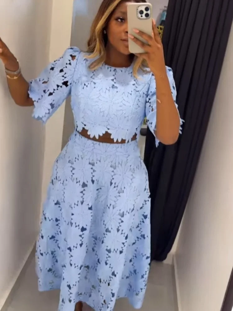 Wmstar two piece outfits women wholesale dress sets The new style hollowed out top sweet matching suit dropshopping S-3XL